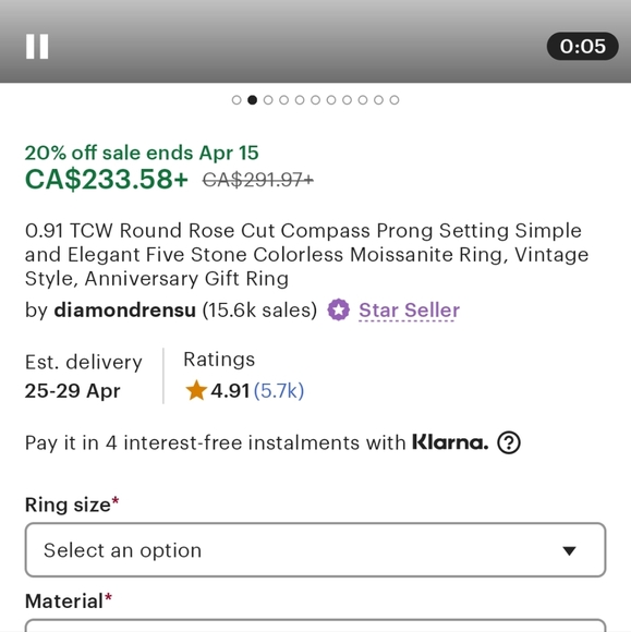 Round Rose Cut Five Stone Moissanite Ring .91 TCW Sterling Silver Ring Size 8.5 - Picture 12 of 12
